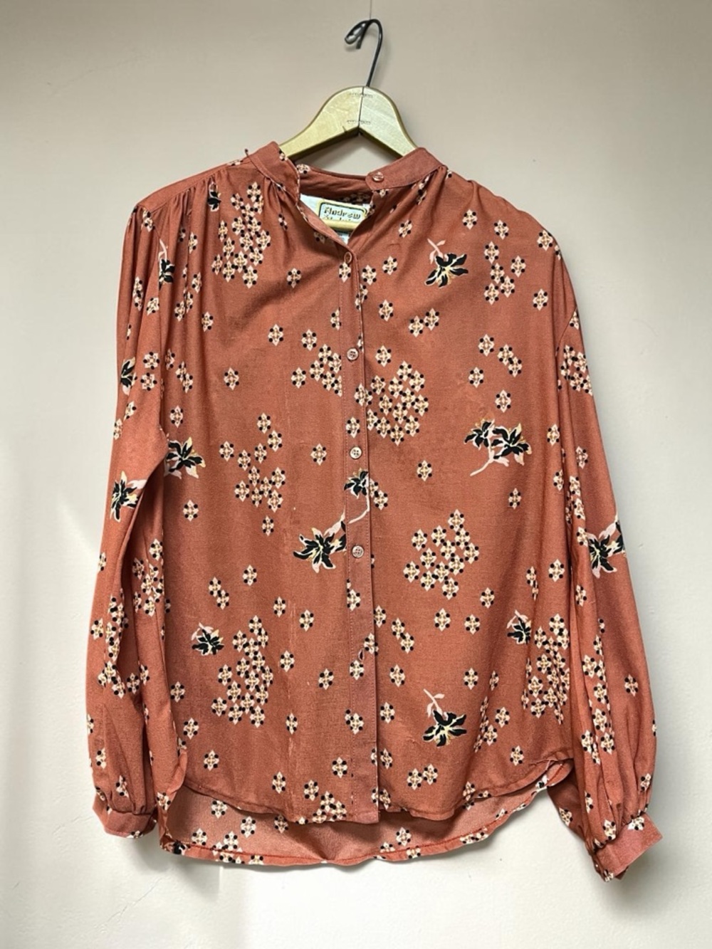 VTG Andrew St. John Rust Floral Cottagecore Button-Down Blouse cuff sleeve M